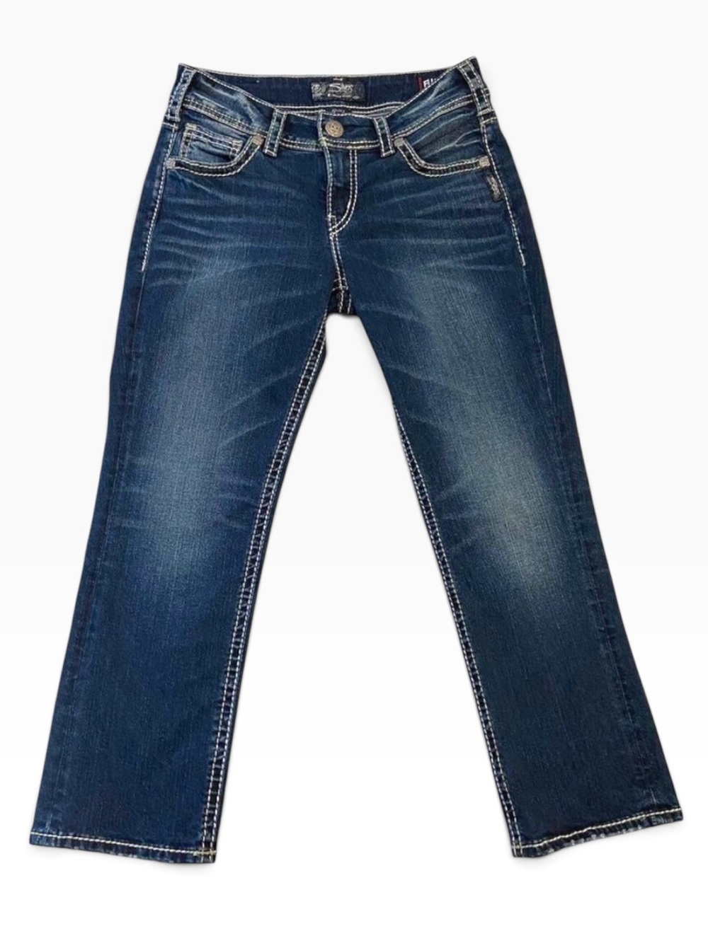 Silver Suki Mid Western Count pants white stitches denim low rise distressed  28